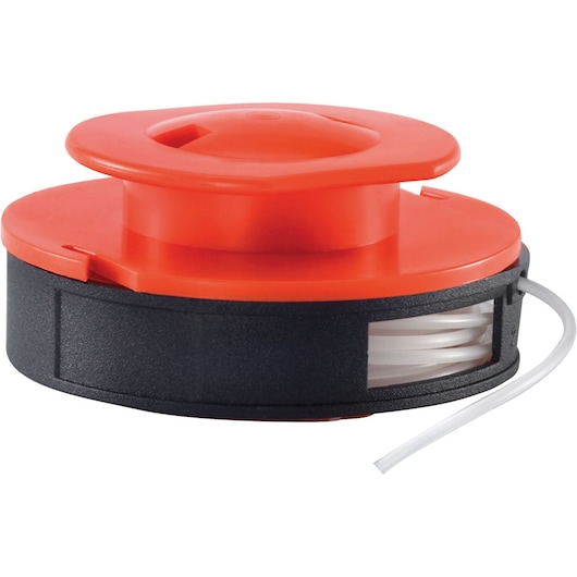 Close-up of a BLACK+DECKER replacement trimmer spool with orange top and black base, showing coiled white cutting line extending out.