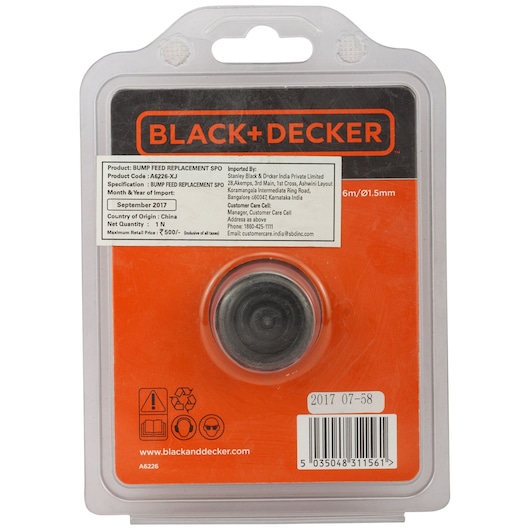BLACK+DECKER replacement bump feed spool A6226 in clear plastic packaging, rear angle, with product details label.