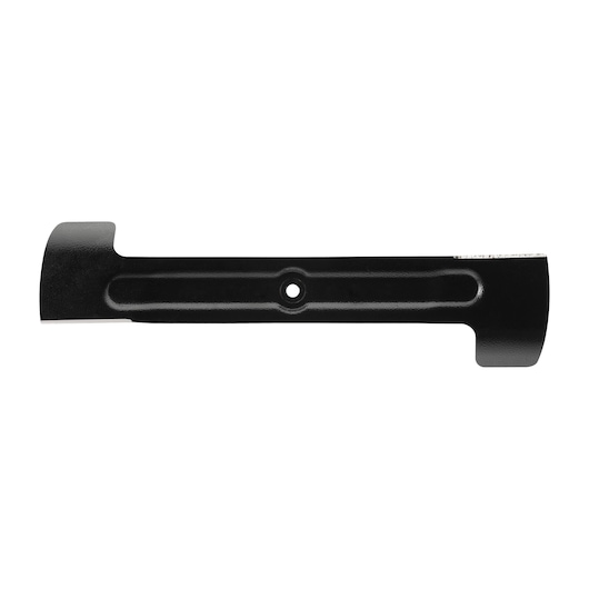 A single black metal lawnmower blade with a center mounting hole, shown against a white background.