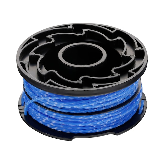 A spool of blue trimmer line wound around a black plastic reel, used for garden or landscaping tools.