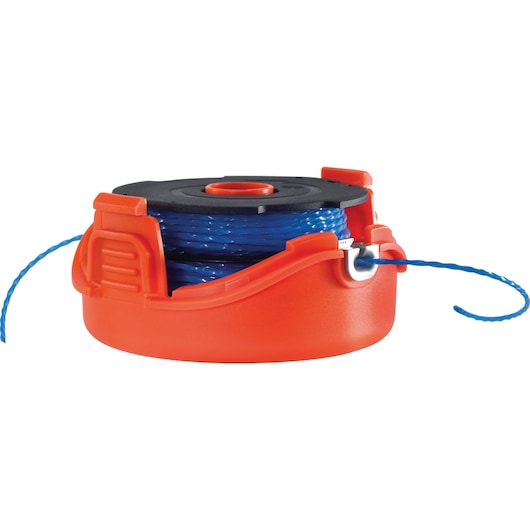 Close-up image of an orange and black trimmer spool with blue line, used for grass and weed cutting equipment.