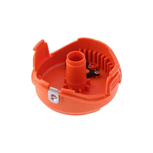 An orange plastic circular accessory part with a central cylindrical section and internal ridges, used for a BLACK+DECKER device.