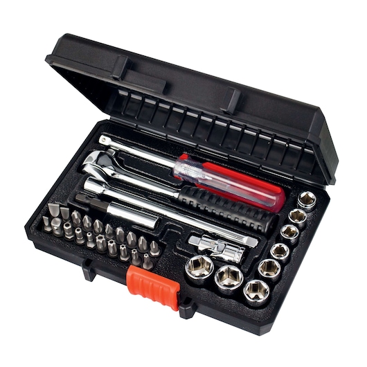 An open black tool case containing various hand tools, including sockets, screwdriver bits, a ratchet, and a screwdriver with a transparent red handle.