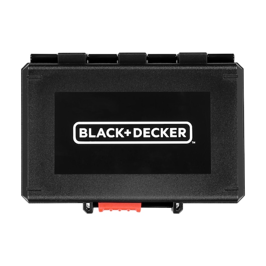 A black rectangular BLACK+DECKER branded case with a red latch, designed for storing accessories or tools.