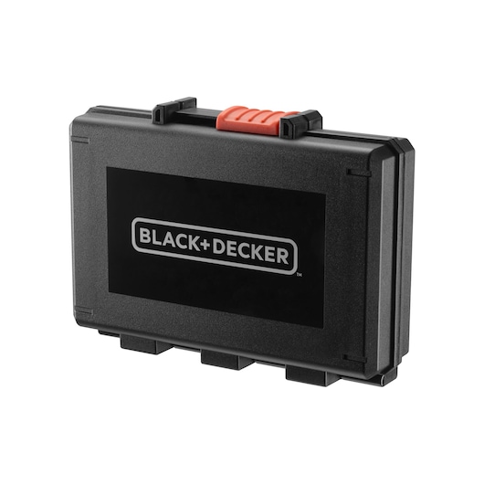 A black plastic carrying case with a red latch, featuring the BLACK+DECKER logo on the front.