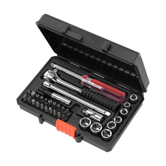 A BLACK+DECKER tool set in a black plastic storage case with an orange latch. The set includes socket wrenches, a screwdriver with a red transparent handle, extension bars, and various bits and sockets arranged neatly.