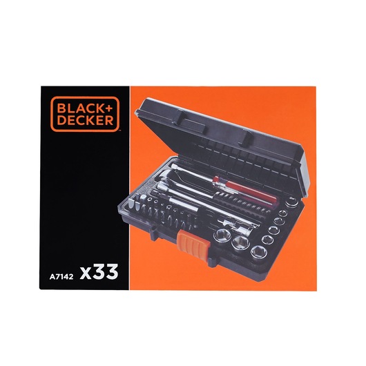 BLACK+DECKER A7142 tool set, 33-piece, black case with tools, front angle, orange background.