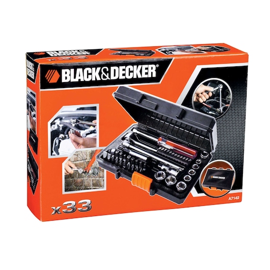 BLACK+DECKER A7142 33-piece tool set box with orange and black design, showing various hand tools inside a plastic case and images of the tools being used.