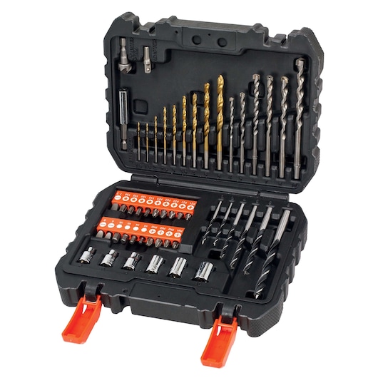 BLACKDECKER A7188 drill and screwdriver bit set in black hard case, open, showing assorted bits and sockets, front angle.