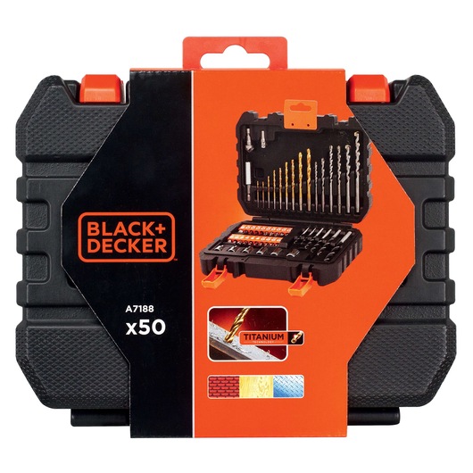 BLACK+DECKER A7188 drill and screwdriver bit set, 50 pieces, black hard case, front angle.
