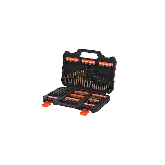 A BLACK+DECKER drill and bit set in a black and orange plastic carry case, open to display various drill bits, screw bits, and accessories organized inside.