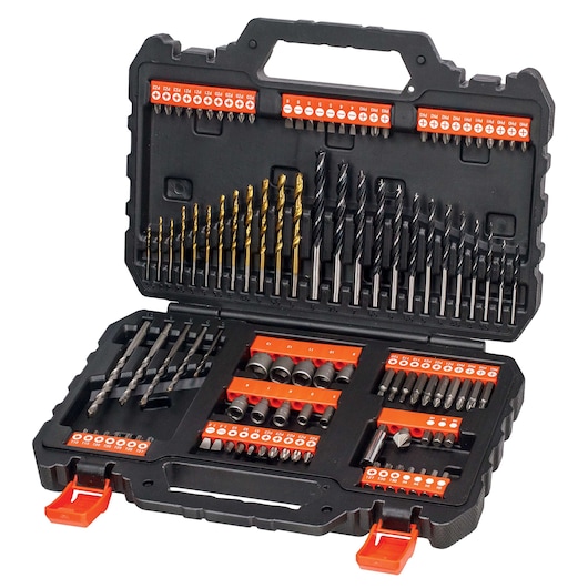 A BLACK+DECKER branded tool kit, SKU A7200, shown open with various drill bits, screwdriver bits, and sockets neatly organized in a black plastic carrying case. The case has a handle and orange latches.