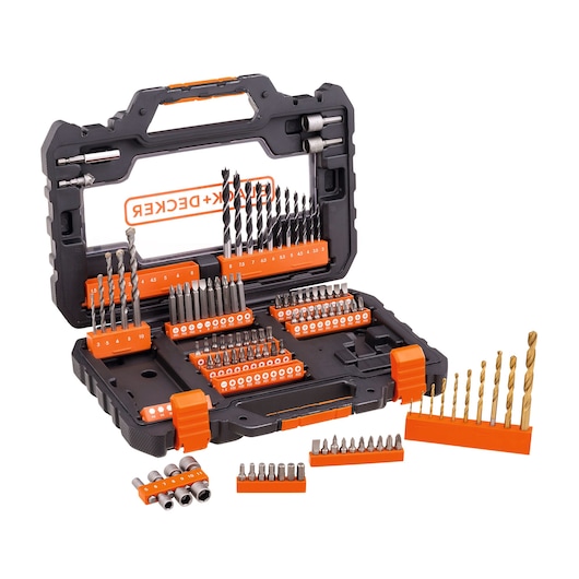 BLACKDECKER A7230-XJ drill and screwdriver bit set in black and orange hard case, assorted bits displayed on white background.