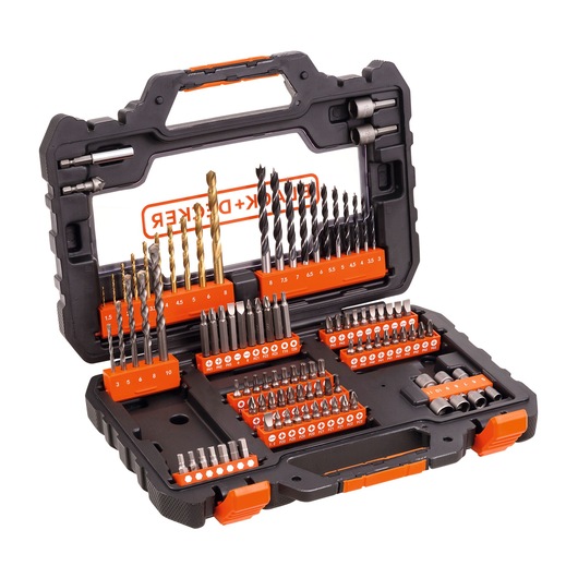 BLACKDECKER drill and screwdriver bit set A7230 in open black and orange hard case, photographed front angle.