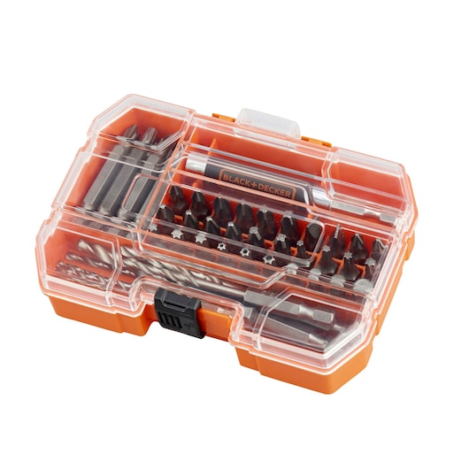 BLACK+DECKER drill and screwdriver bit set A7234 in orange plastic case, photo from above.