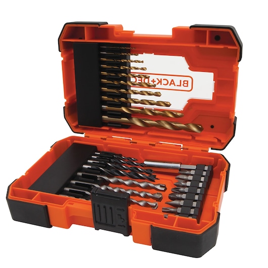 BLACK+DECKER A7235 drill and screwdriver bit set with assorted bits in an open orange case, product photography, angled view.
