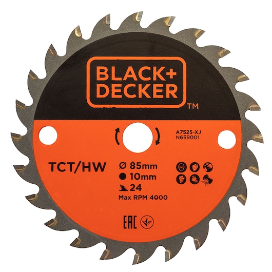 BLACK+DECKER circular saw blade, model A7525, 85mm diameter with 24 teeth, TCT/HW type, orange and black with safety icons and specifications printed on the front.