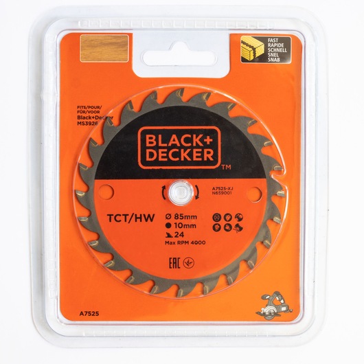 BLACK+DECKER A7525 circular saw blade, 85mm diameter, 24 teeth, in orange retail packaging, front view.