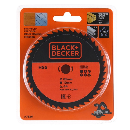 BLACK+DECKER HSS circular saw blade, model A7526, 85mm diameter with 44 teeth and 10mm bore, in orange retail packaging. Designed for precision cutting of wood, aluminum, and PVC.