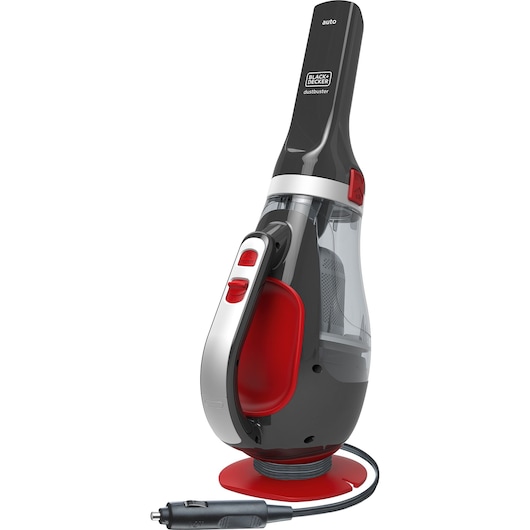 A BLACK+DECKER ADV1200 handheld vacuum cleaner with a black, red, and silver design. The device is shown upright with a transparent dust container and an attached power cord with a car adapter plug.