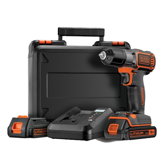 A BLACK+DECKER cordless drill set with a carrying case, two 18V lithium batteries, and a battery charger.