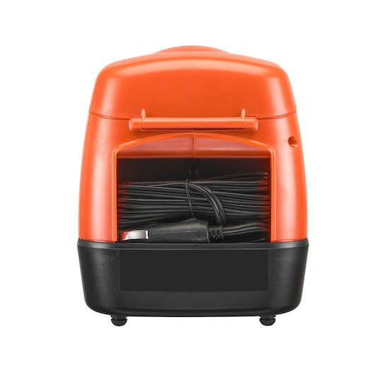 A front view of an orange and black portable product with a storage compartment holding a coiled cable. The design is compact and the compartment door is open, showing the cable inside.