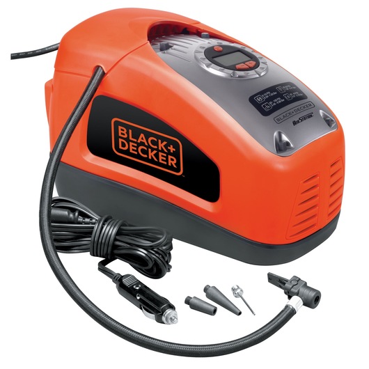 BLACK+DECKER ASI300 portable air compressor in orange and black with hose, cord, and nozzle adapters, front angle.