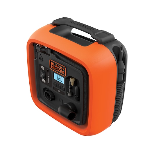 A BLACK+DECKER ASI400 portable air compressor with a digital display, orange casing, carrying handle, and various control buttons and connectors visible on the front.