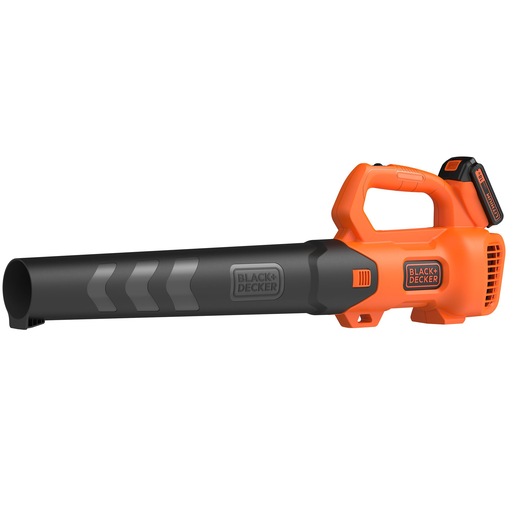 BLACKDECKER BCBL200L cordless leaf blower, orange and black, side angle on white background