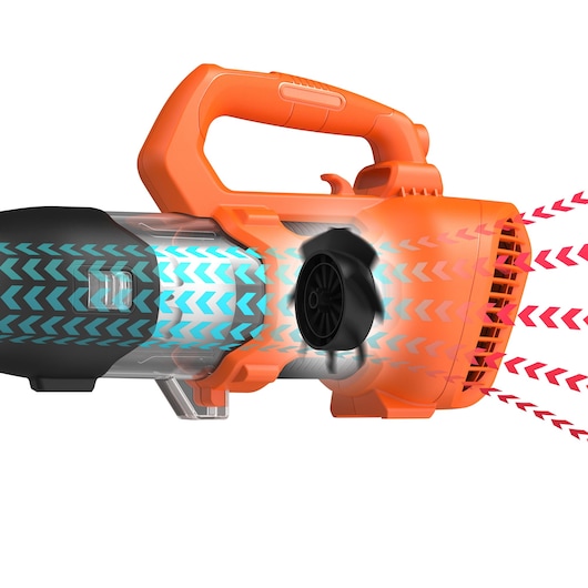 BLACKDECKER BCBL200L leaf blower side angle, airflow arrows illustrate suction and blowing function.