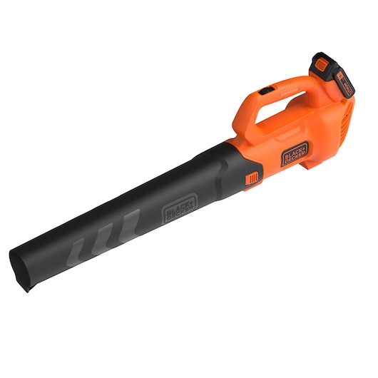BLACKDECKER BCBL200L cordless leaf blower, orange and black, side angle, white background.