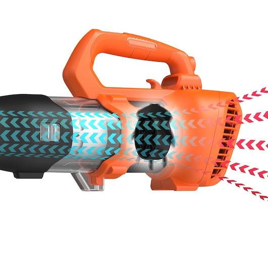 BLACKDECKER BCBL200L leaf blower side view, orange body, airflow arrows showing motor operation.