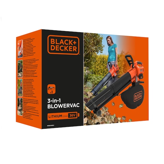 Photo of BLACK+DECKER 3-in-1 BLOWERVAC BCBLV3625L1 box, shows orange and black cordless blower vac packaging.