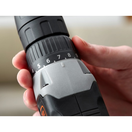Close-up photo of BLACKDECKER BCD001C1 cordless drill with adjustable torque settings, product category Photography.