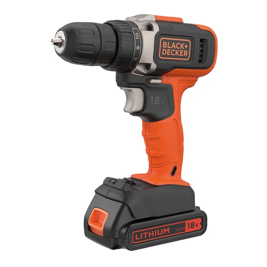 A BLACK+DECKER cordless drill with an orange and black design and an 18V lithium battery.
