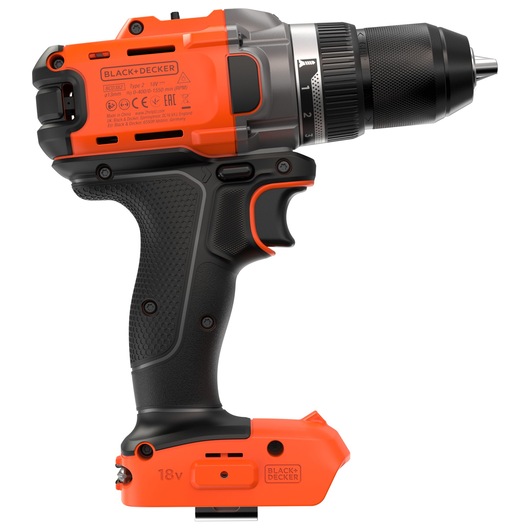 BLACK+DECKER cordless 18V power drill with orange and black design, side view.
