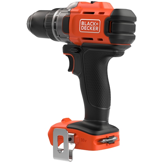 BLACK+DECKER cordless drill with ergonomic black and orange design, 18V, shown from side view.