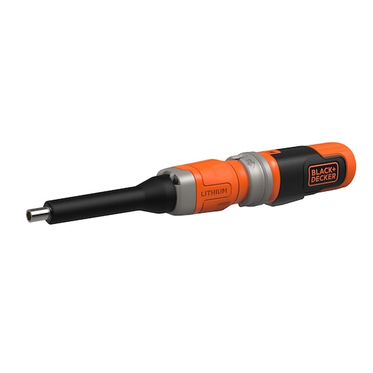 A BLACK+DECKER branded orange and black cordless electric screwdriver with a lithium battery, shown on a white background.