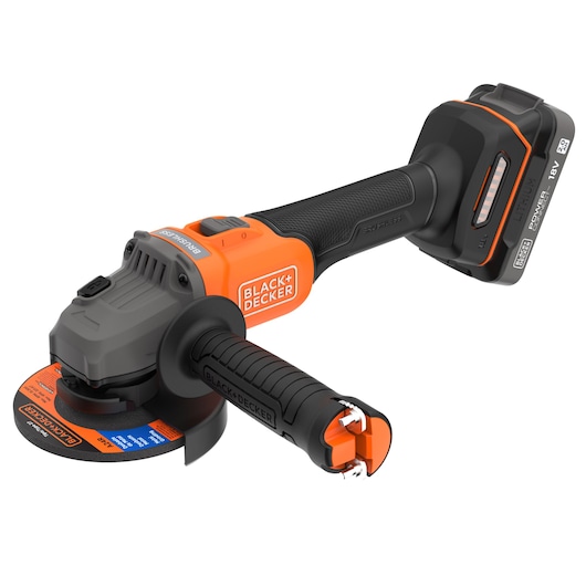 A BLACK+DECKER cordless angle grinder with a brushless motor, featuring an 18V lithium power battery, ergonomic handle, and protective guard.