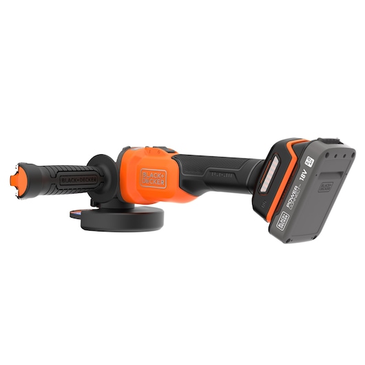 A BLACK+DECKER cordless angle grinder with orange and black design, showing the side handle, brushless motor section, and attached Power Connect 18V battery.