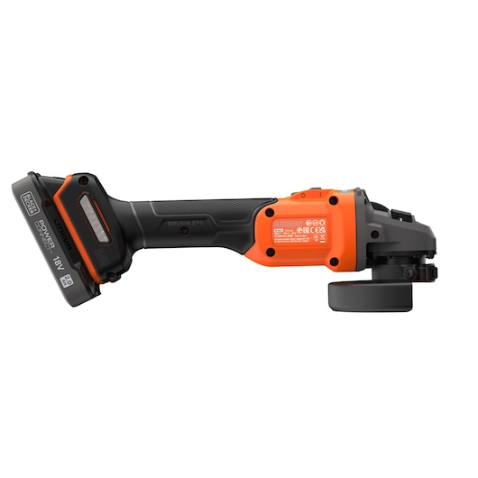 Cordless BLACK+DECKER angle grinder with an 18V lithium battery, featuring a brushless motor and orange and black casing.