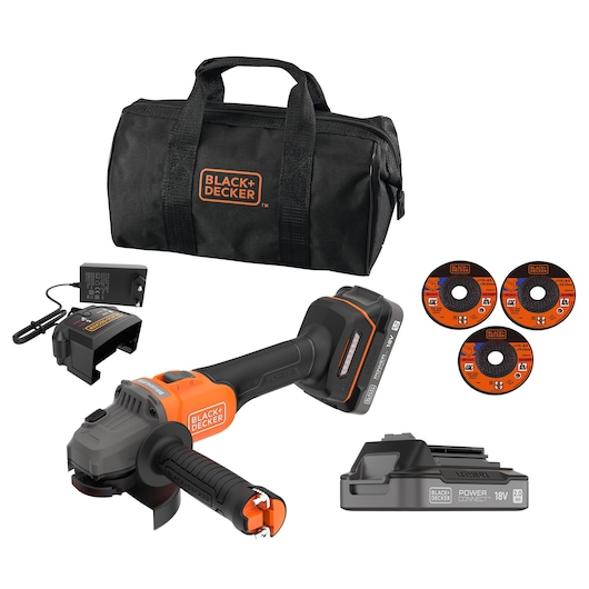 BLACK+DECKER BCG6L8D2S cordless angle grinder kit with 18V battery, charger, three grinding discs, and black carrying bag, front angle.