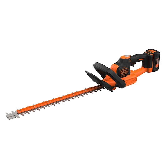 BLACK+DECKER cordless hedge trimmer with orange and black design, featuring a long blade and ergonomic handle.