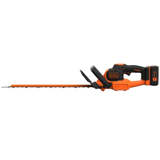 BLACK+DECKER cordless hedge trimmer with an orange and black body, featuring a 36V lithium battery and a long cutting blade.