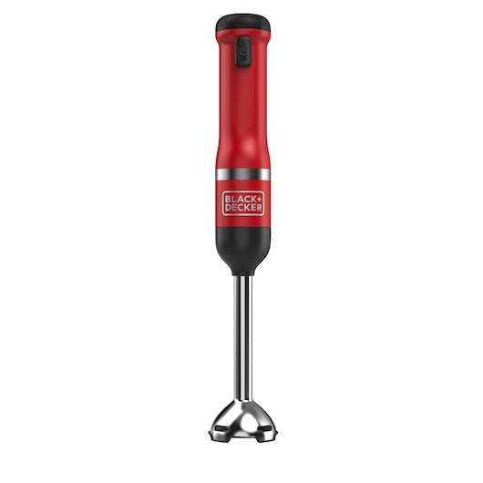 A BLACK+DECKER handheld immersion blender in red and black with a stainless steel blending shaft, displayed upright against a white background.