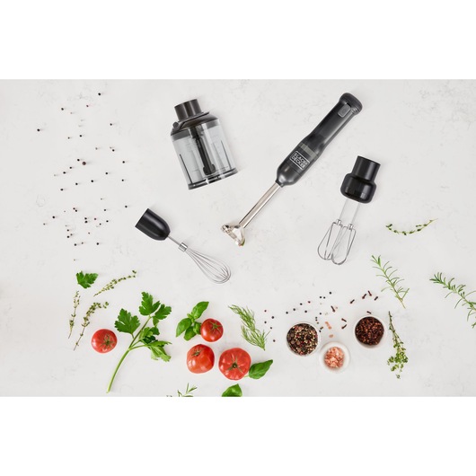 BLACKDECKER BCKM1014KB hand blender set with attachments and food processor jar on white background, top view.