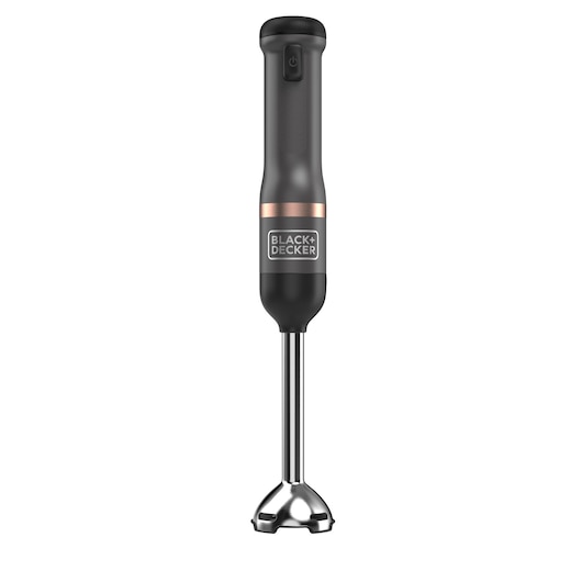 A BLACK+DECKER hand blender with a black and metallic design, featuring a power button on the handle and a stainless steel blending shaft.