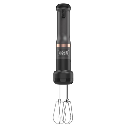 A BLACK+DECKER handheld electric mixer with two metal beaters, shown upright against a white background. The mixer is black with a copper accent near the brand logo.