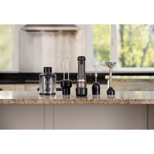 BLACKDECKER BCKM1014KG kitchen mixer set with multiple attachments on countertop, front view.