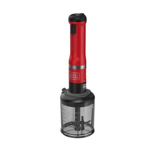A BLACK+DECKER cordless hand blender in red and black with a clear measuring container attached, shown on a white background.